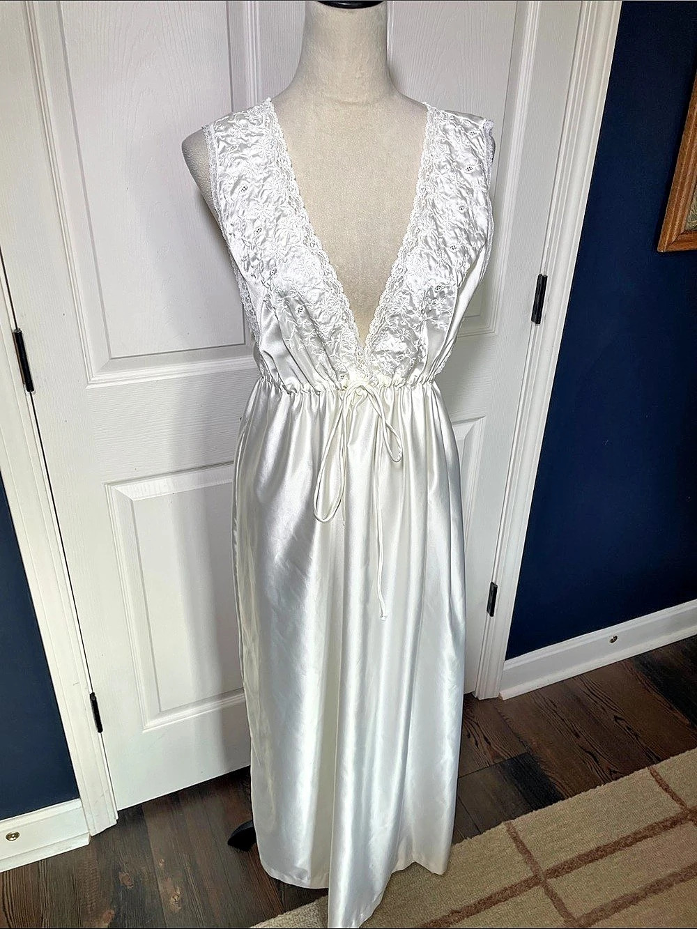 Vintage Barbizon Boutique White Satin Maxi Nightgown Lace Plunge V-Neck Empire